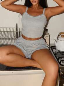 Lowkey Lull Women's Contrast Lace Ruffle Trim Camisole And Shorts Pajama Set - Grey - View 4