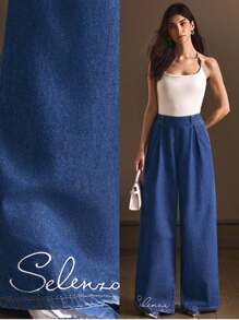 SHEIN BAE Quần Jeans Ống Rộng Thêu Chữ Thường Ngày Cho Nữ - Màu xanh lam - Xem 1