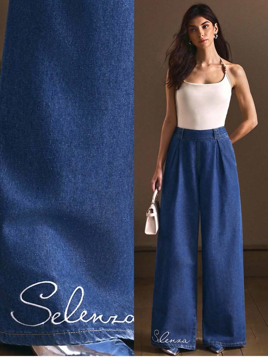 SHEIN BAE Quần Jeans Ống Rộng Thêu Chữ Thường Ngày Cho Nữ - Màu xanh lam - Xem 1