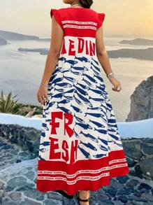 SHEIN Clasi 大码女式字母印花V领盖袖休闲连衣裙 - 彩色 - 查看 2