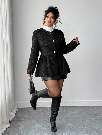 Elenzga 大码女式圆领长袖荷叶边下摆腰带优雅夹克