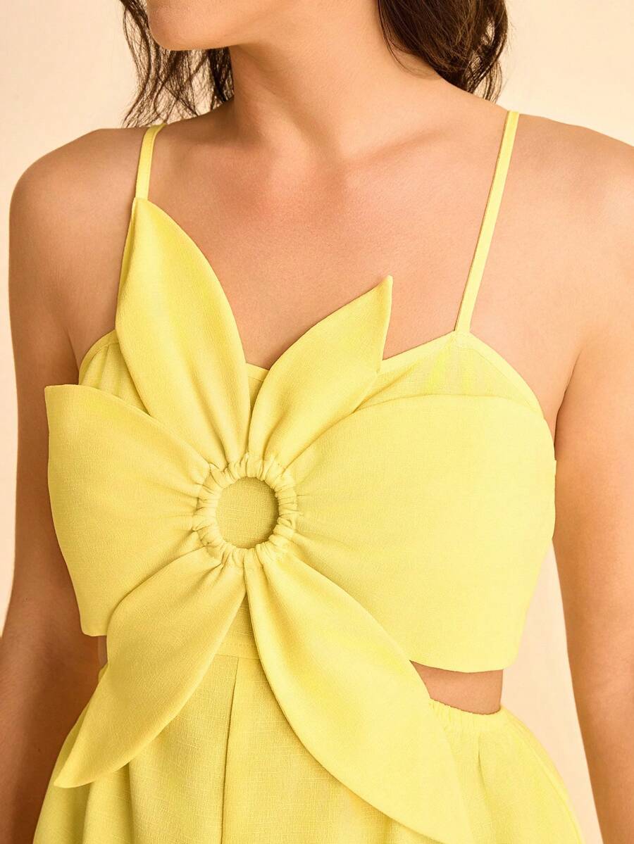 CAJUNI 女式镂空花卉露背连体裤，白色激光切割 A 字腰系带连体裤，百搭海滩度假、夏季约会、网红风格 - 黃色 - 查看 1