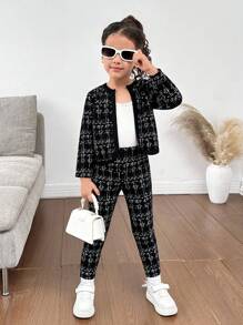 SHEIN Nova Glow 2 件套少女针织格子开衫和配套针织打底裤套装，毕业装 - 黑色 - 查看 6