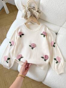 SHEIN LMoss Kids 青少年女孩休闲时尚法式百搭针织玫瑰花 3D 提花套头衫，适合周末、休闲外出、返校、万圣节、圣诞节、新年 - 米色 - 查看 4