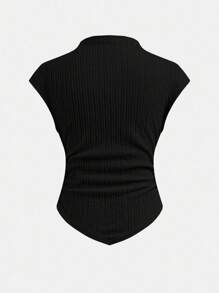 SHEIN 青少年女孩休闲时尚针织纹理修身中式领褶饰不对称下摆短袖 T 恤，适合春夏季 - 黑色 - 查看 2