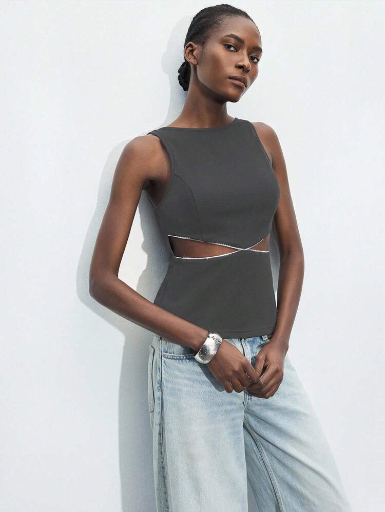 SHEIN Maija Damen schwarzes ärmelloses Crop Top mit ausgeschnittener Taille und Silber-Dekor, elegant, modisch, sexy, geeignet für urbane Musikfestivals und den Alltag, Sommer, Country-Konzerte, Streetwear für Frauen, Stockholm-Stil, Klub, Lehrerin