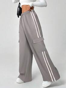 SHEIN EZwear 女式休闲灰色抽绳腰带条纹侧袋裤 - 灰色 - 查看 6