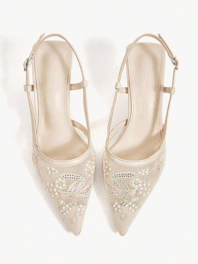CUCCOO CHICEST Women's Fashion Pointed Toe Beige Embroidered Mesh Ankle Strap Stiletto High Heel Party Dress Sandals For Christmas Elegant Shoes Wedding Shoes Summer Shoes Bride Shoes