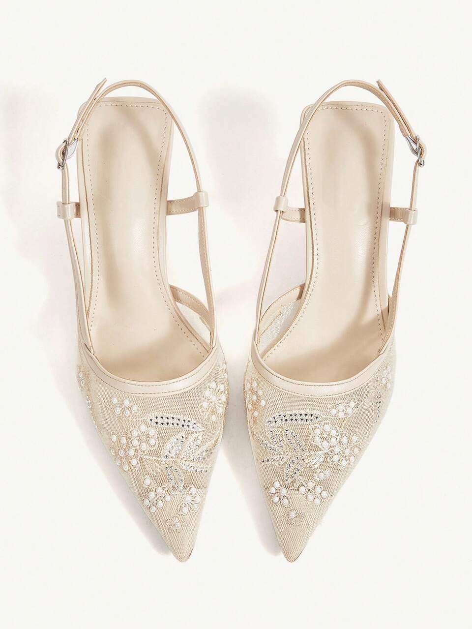 CUCCOO CHICEST Women's Fashion Pointed Toe Beige Embroidered Mesh Ankle Strap Stiletto High Heel Party Dress Sandals Elegant Wedding Summer Bride Shoes