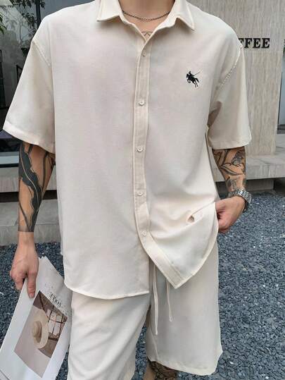Manfinity Dauomo 男士休闲骑士刺绣短袖衬衫和短裤套装，夏季