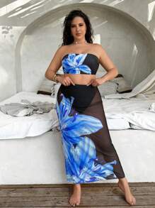 Slaysola Set de 3 piezas de traje de baño de tallas grandes con estampados de leopardo y flores tropicales