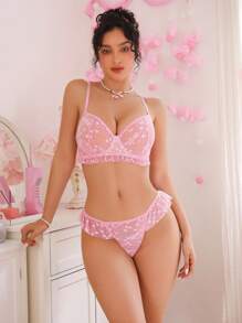 PetitDoll Set de 2 piezas Sujetador inalámbrico de encaje y jacquard para mujer, color rosa - Rosa - Ver 5
