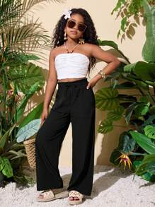 SHEIN 青少年女孩休闲宽松直筒裤 - 黑色 - 查看 5