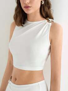 Maija Conjunto de 2 piezas de mujer para el verano con blusa de punto sin mangas con adorno de drapeado en los hombros y falda elegante con cintura elástica y ribete lateral - Blanco - Ver 2