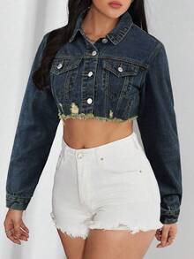 SHEIN ICON Áo khoác denim cắt ngắn rách rưới giặt thường ngày - Rửa tối - Xem 3