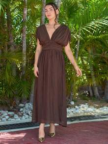 Andrea Bello 女式 V 领褶饰腰部连衣裙，系带肩袖，海滩度假装春夏 - 咖啡 - 查看 5