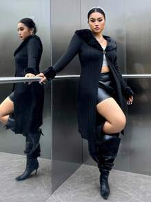 SHEIN EZwear Plus Borg Collar Fuzzy Cuff Coat, For Winter Fall Autumn - Black - View 3