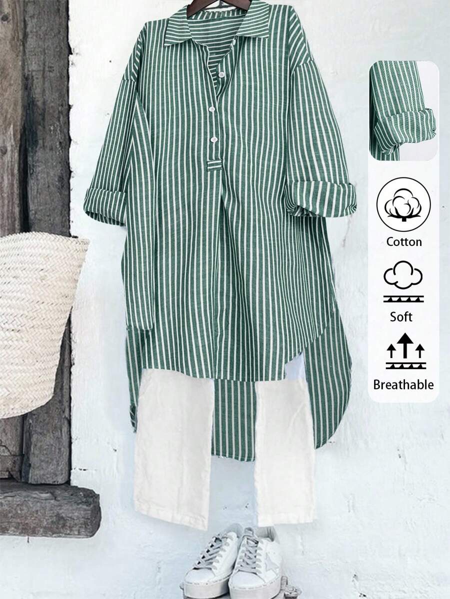 EMERY ROSE Casual Striped Half-Placket Front Short Back Long Shirt - Multicolor - View 1