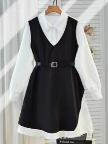 1 pieza Vestido de manga larga con cuello vuelto y diseño de capas, adecuado para uso diario, ir al trabajo y atuendos escolares - Negro - Ver 1