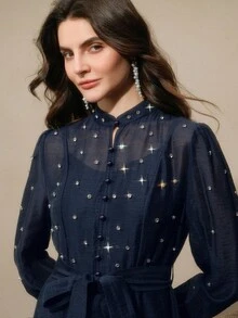 Anewsta Women's Long Dress With 3D Rhinestone Decor, Elegant And Versatile Formal Gown - Navy Blue - View 2