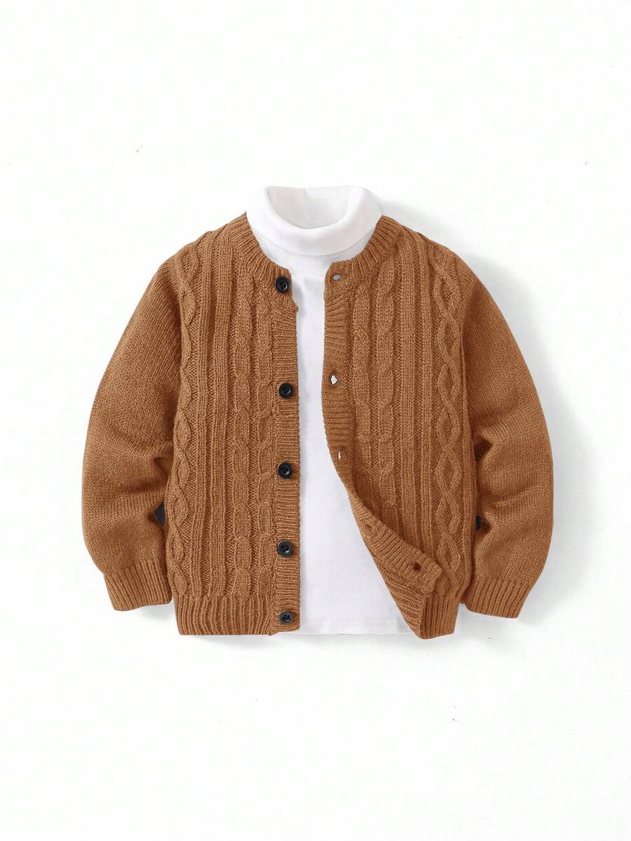 SHEIN Baby Boy/Girl Navy Blue Textured Knit Casual Solid Color Round Neck Raglan Cardigan, Soft & Comfortable For Daily Wear, Suitable For Indoor And Outdoor, Autumn/Winter Fall - Brown - View 1