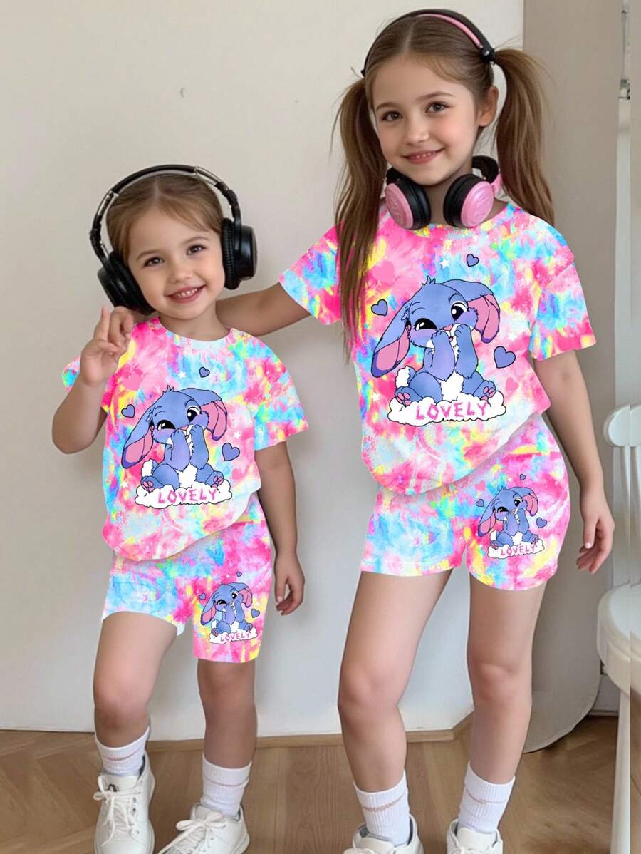 SHEIN 女宝宝可爱兔子卡通印花扎染圆领短袖T恤和针织打底裤可爱两件套，夏季 - 彩色 - 查看 1