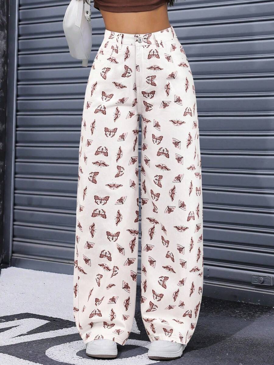 SHEIN ICON Casual Butterfly Print Wide Leg Jeans - Multicolor - View 1