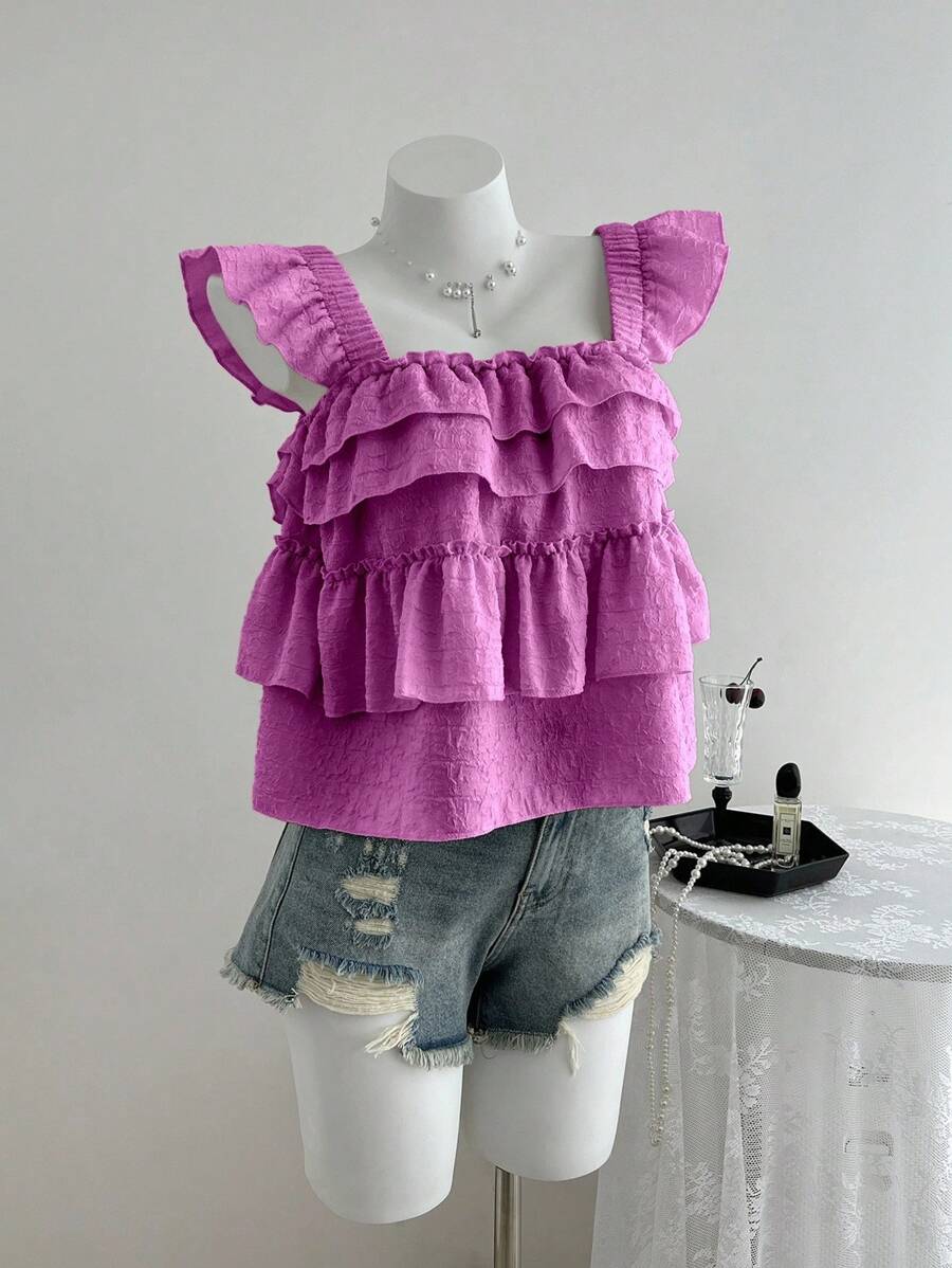 Breezaya Casual Ruffled Layered Sleeveless Top, Suitable For Vacation Powdered Rose - Hot Pink - View 1
