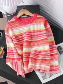 Suéter casual de manga acampanada con rayas de colores contrastantes de estilo nórdico minimalista para niñas preadolescentes, adecuado para vacaciones, regreso a clases, reuniones familiares, Halloween, Año Nuevo, Acción de Gracias, Navidad - Naranja Quemada - Ver 1