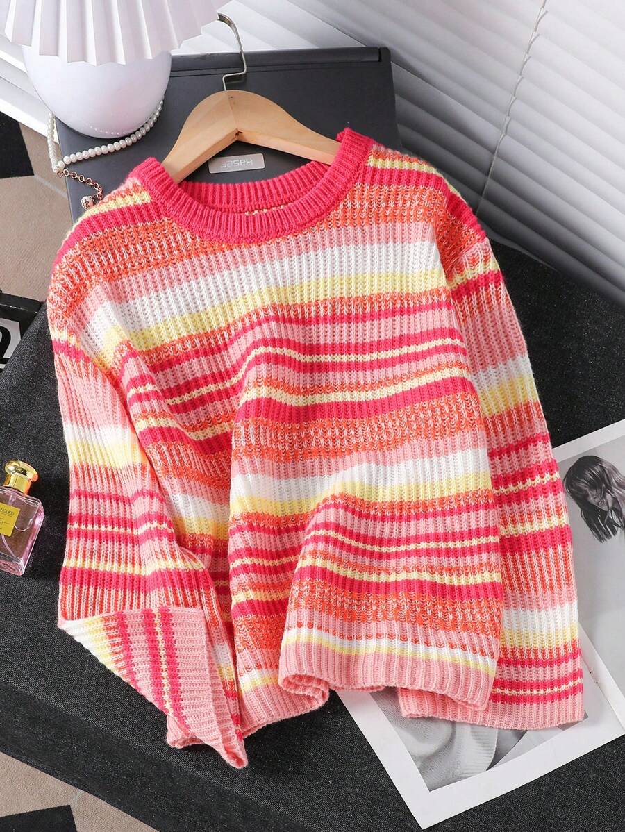 Suéter casual de manga acampanada con rayas de colores contrastantes de estilo nórdico minimalista para niñas preadolescentes, adecuado para vacaciones, regreso a clases, reuniones familiares, Halloween, Año Nuevo, Acción de Gracias, Navidad - Naranja Quemada - Ver 1