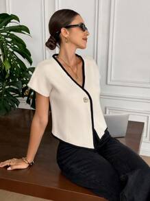 Serisse Women's Ribbed V-Neck Short Sleeve Single-Button Loose Knit Top, Fall Women Clothes, Back To School, Teacher Outfits For Women ,Business Casual Woman, Women's Solid Color V-Neck Button Decorated Elegant Fashion Vest,   Tops Business  Sasual Woman Commuter Simple Temperament Office Summer Vest Apricot Elegant Going Out Tops Women, Tops For School - Apricot - View 8