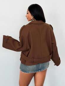 Maweii 大码棕色翻领系腰长袖休闲短外套，适合通勤，秋冬季女装 - 咖啡棕 - 查看 4