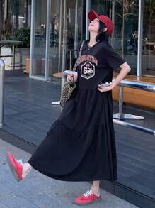 DAZY 女式中长款印花T恤连衣裙，春夏 - 藏蓝色 - 查看 6