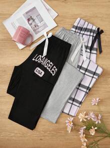 Conjunto de 3 piezas de pantalones de pijama con estampado de letras, cuadros y unicolor para mujer, ropa de otoño e invierno - Multicolor - Ver 6