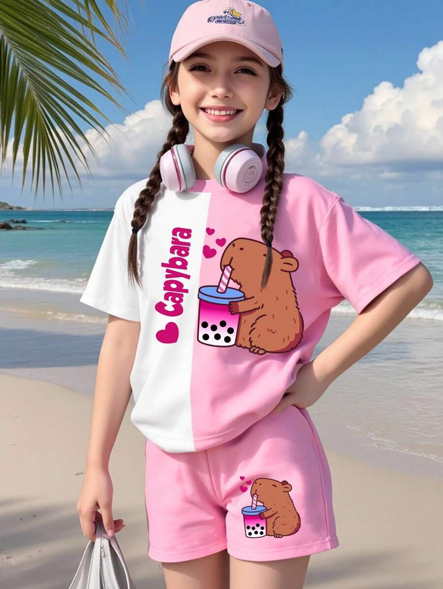 Sparklyn 女童休闲时尚创意卡通水豚图案印花宽松T恤和短裤套装 - 彩色 - 查看 1