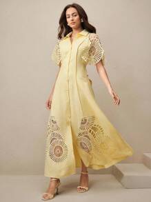 Anewsta Women's Single-Breasted Hollow-Out Patchwork Long Shirt Dress