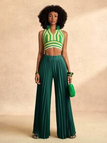 Zivah 优雅弹力腰深绿色百褶大脚加长阔腿裤女百褶裤高腰裤绿裤子女喇叭裤 - 墨綠色 - 查看 3