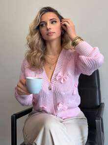 Jeta Ari Áo len cardigan nơ hồng mềm mại cho nữ, áo dài tay - Hồng - Xem 4