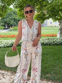 Jeta Ari 2pcs Women Casual Floral Print Tied Front Sleeveless Shirt And Pants Set