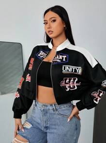 SHEIN EZwear 大码女式彩色块字母印花短款夹克 - 黑與白 - 查看 1