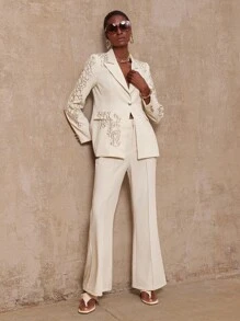 SHEIN Privé VITNOS 新款优雅女士套装，秋季服装，商务休闲女装，女士办公室着装，女士教师装，奢华舞会聚会派对宴会，低调奢华闪耀的节日派对狂欢节郊游度假热门户外丰富层次感婚礼季宴会万圣节圣诞节新年时尚秋季新款女士晚宴之夜精致浪漫 - 杏色 - 查看 9