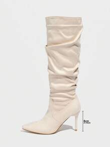 Daringsoles 女士尖头细高跟性感派对及膝靴，绒面休闲套穿踝靴，杏色，秋冬 - 杏色 - 查看 4
