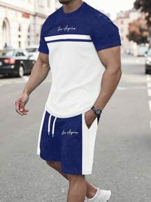 Manfinity Homme Men's Letter Print Round Neck Short Sleeve Casual T-Shirt And Drawstring Waist Shorts Set Men Two Piece Casual Short Sets - Multicolor - View 2