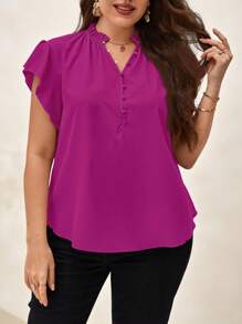 Chikora Plus Size Comfortable Leisure Ruffle Trim Shirt - Red Violet - View 6