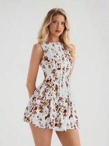 Glamine 杏色蓝色花卉复古优雅无袖编织纽扣蕾丝下摆A字迷你公主裙，蓝色花卉印花，春夏