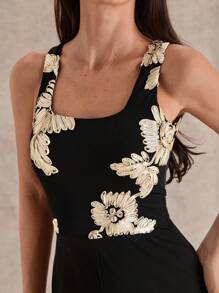 Glamine 女士黑色刺绣优雅性感无袖方领弹力长款连体裤 - 黑色 - 查看 3