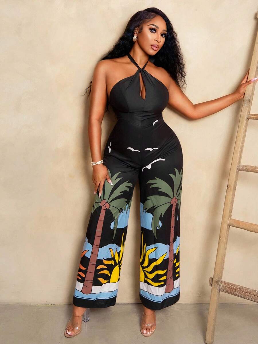 BamGleam SummerHoliday Vacation Casual Tropical Print Halter Jumpsuit - Black - View 1