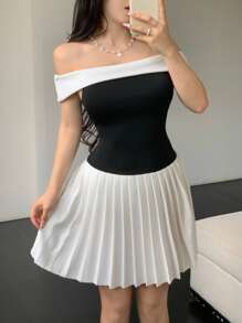 Giddy West Giddy West 1pc Women Off-Shoulder Colorblock Ruffle Elegant Mini Dress - Black and White - View 1