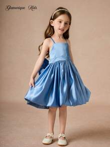 Glamorique Kids 四季少女甜美可爱生日派对礼服，无袖缎面花童婚纱，后背带大蝴蝶结公主裙 - 藍色 - 查看 7