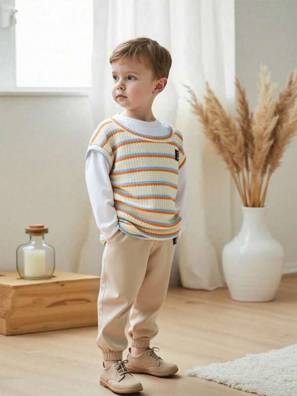 Kleinkind Jungen Set aus buntem gestreiftem Strick-Sweatshirt mit Struktur und langer Hose, 2-teilig, bequem dehnbar, elegante Lässig Kleidung für die Schule, ganzjährig